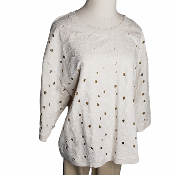 Loft Floral Eyelet  Pullover Sweatshirt Style Casual Beachy CoastalTop Sz L ♡ - Picture 7 of 12
